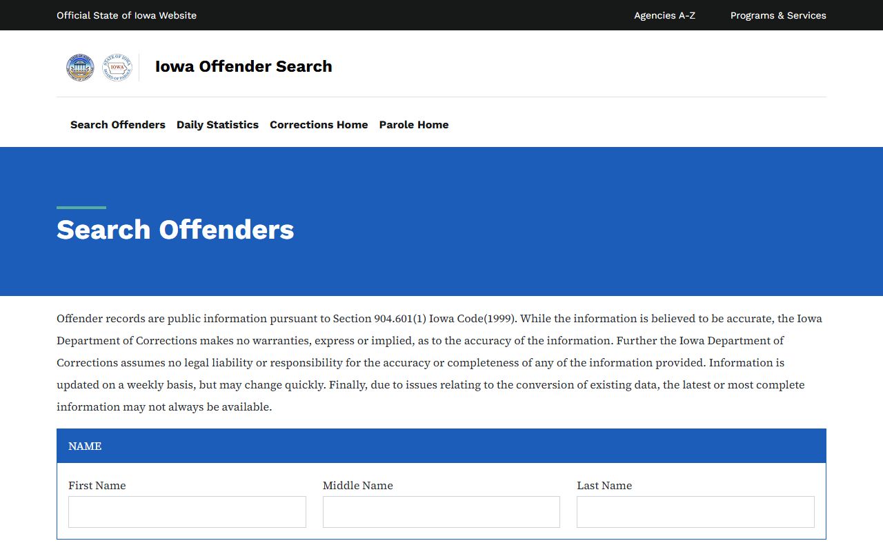 Iowa Offender Search form for Marshall County inmate population transfers